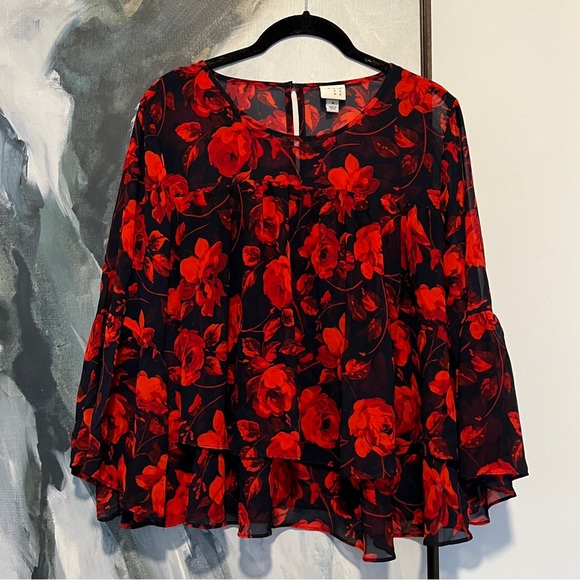 A new day long ruffle sleeve flower detail sheer blouse M - Picture 1 of 6